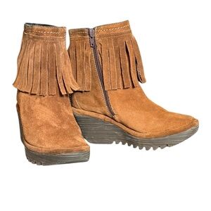 Fly London Suede Fringe Wedge Ankle Boots Brown Size 38/7 1/2 - 8